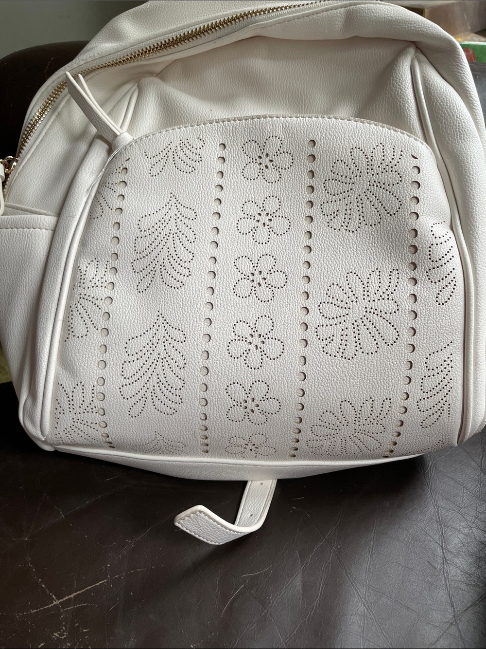 Lauren Conrad White Floral Laser-Cut Leather Backpack, Adjustable Strap